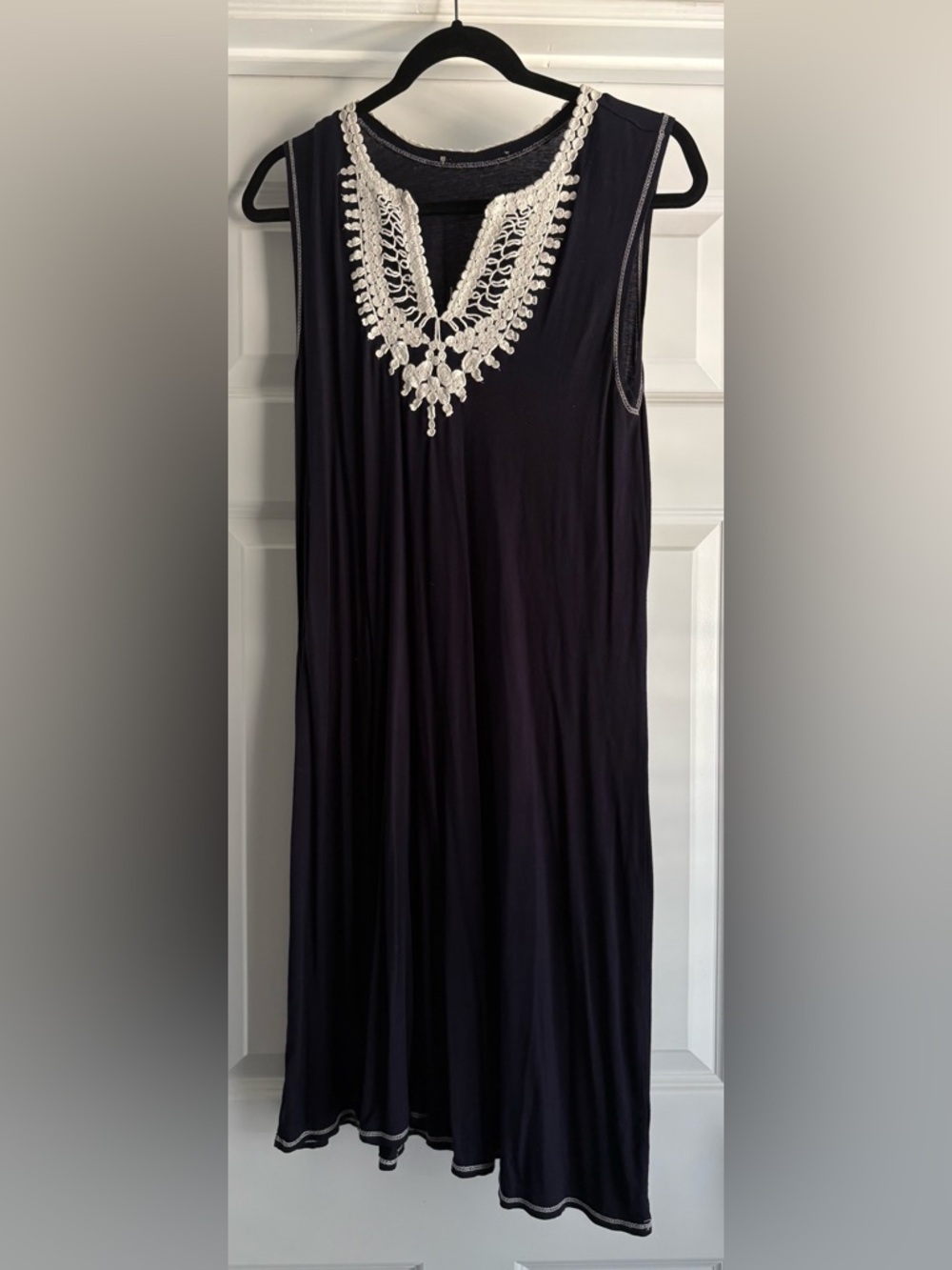 Max Studio Navy Sleeveless Casual Dress with White Crochet Trim